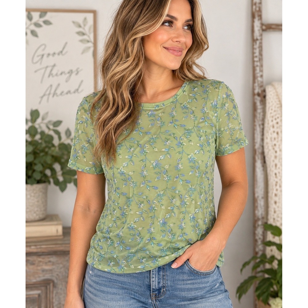 VTG Y2K Kathie Lee Collection Womens Green Mesh Floral Embroidered Top Medium